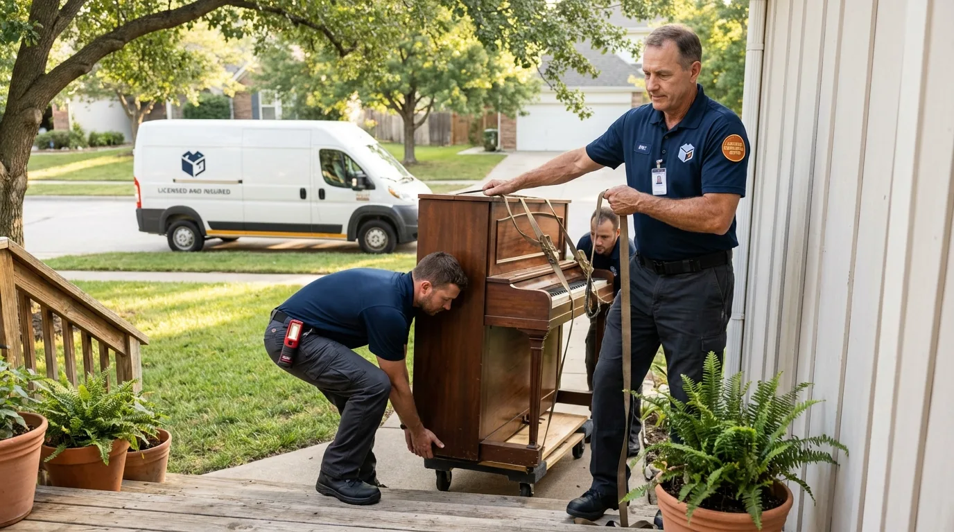 Licensed piano movers securing grand piano in Welch, WV
