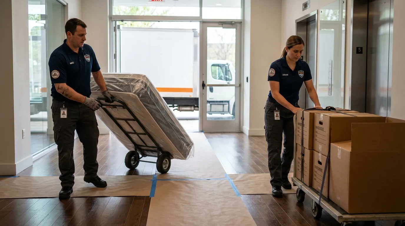 Professional apartment movers loading elevator in Welch, WV