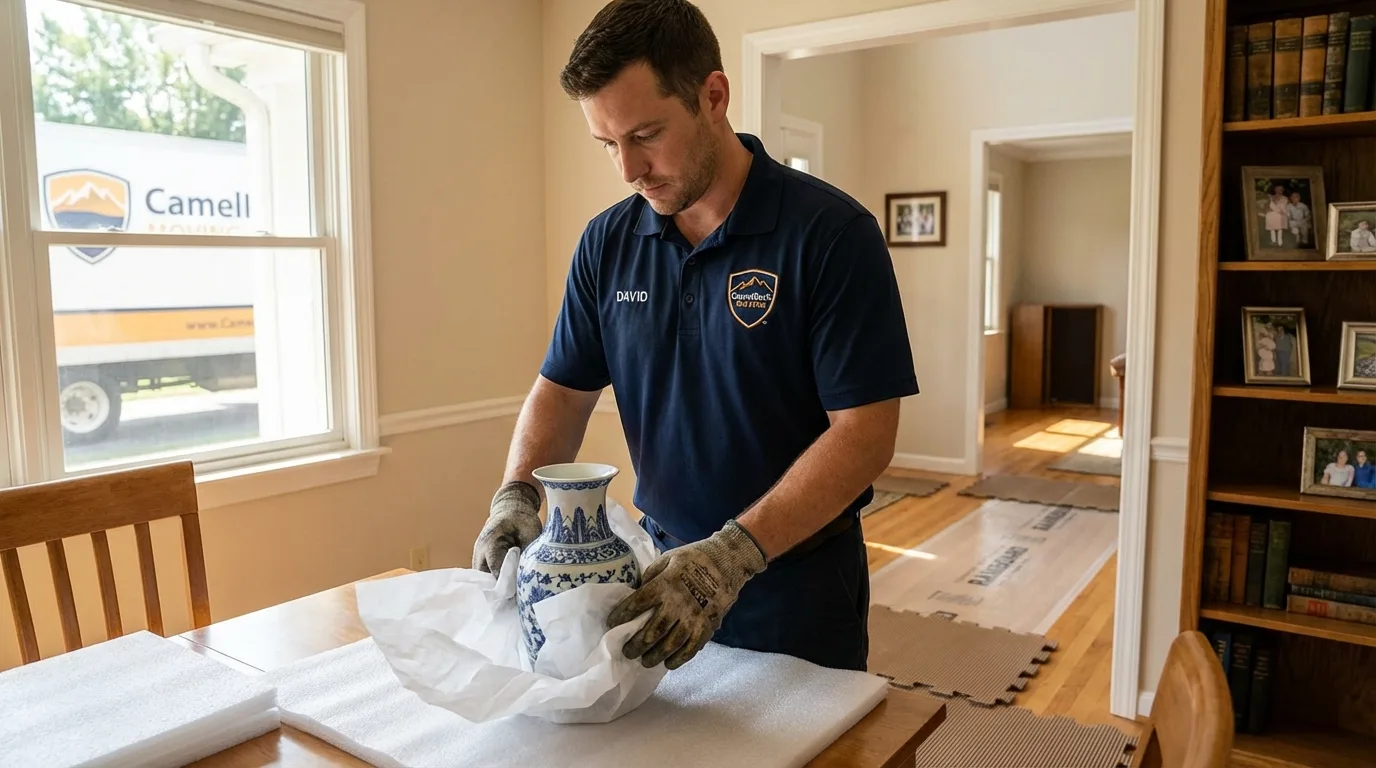 Professional crew carefully wrapping antique vase for senior downsizing move in Welch, WV